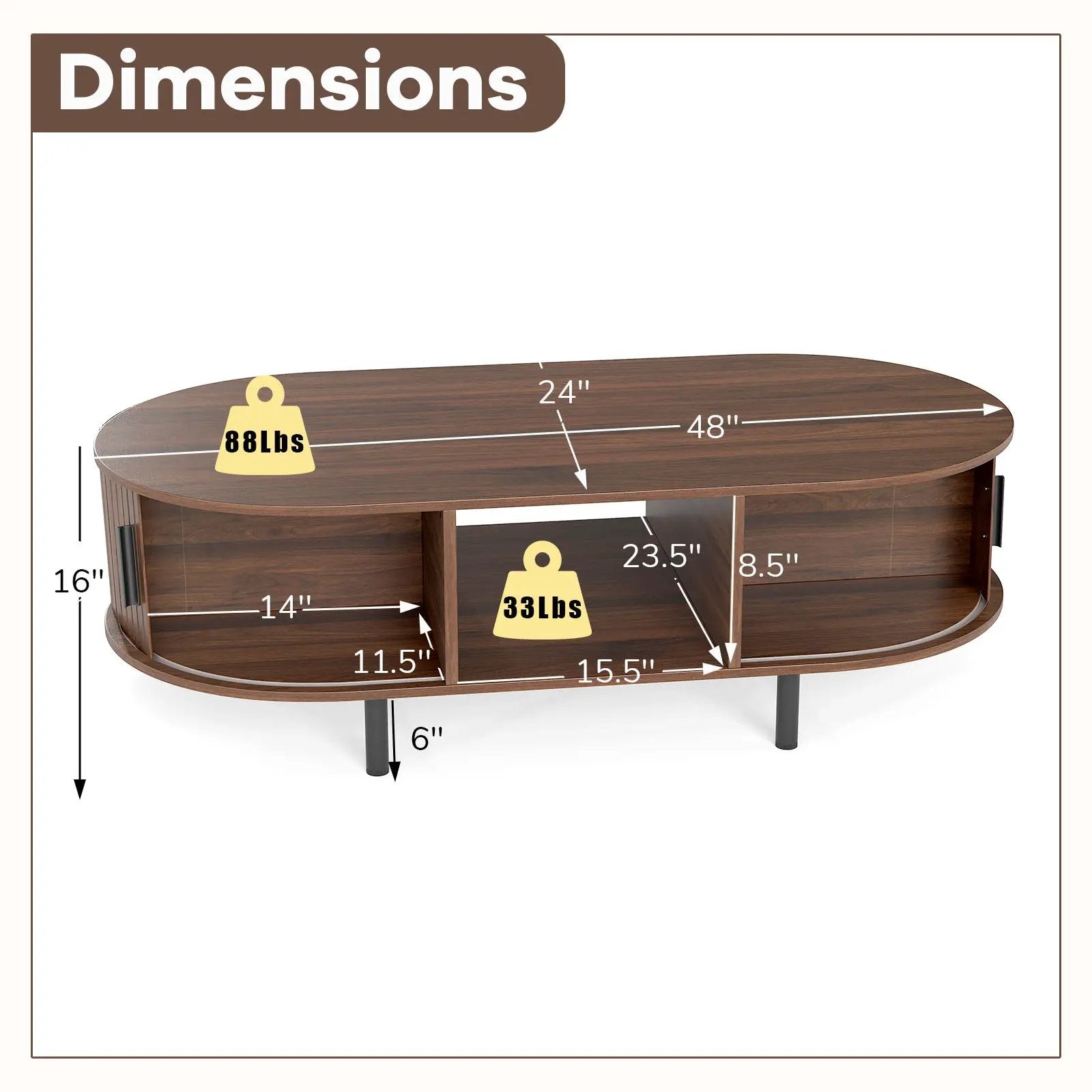 48" Mid Century Center Table with Sliding Fluted Doors and Open Compartment-Walnut by DirectDeals