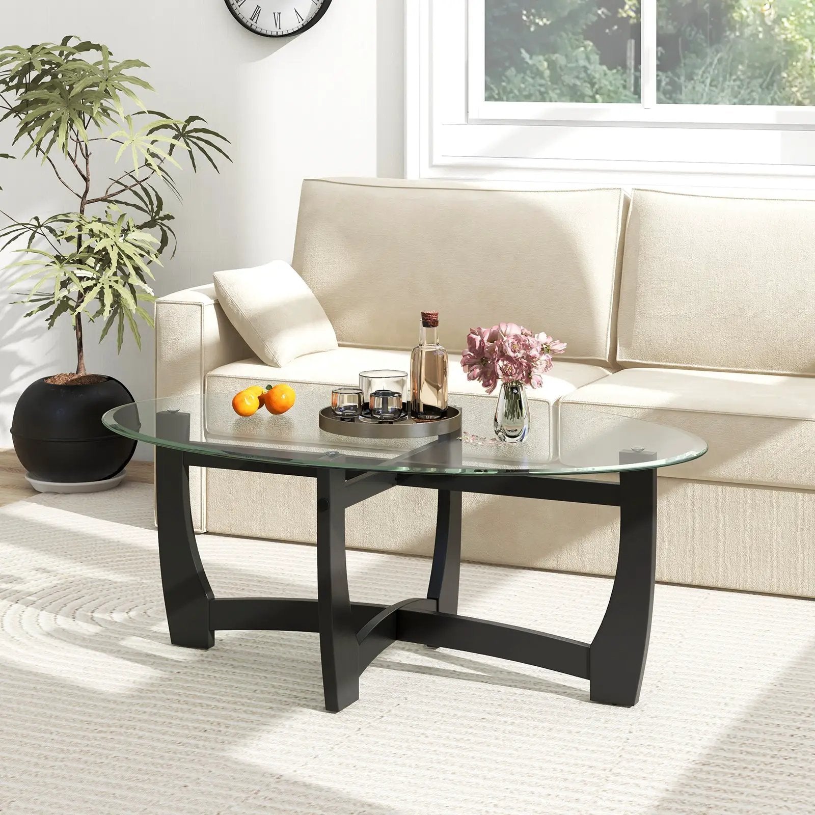 Oval Coffee Table with Tempered Glass Tabletop and Rubber Wood Legs-Black by DirectDeals