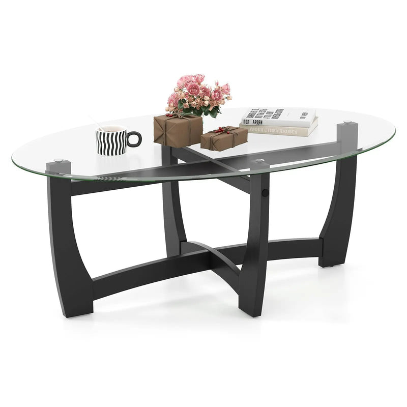 Oval Coffee Table with Tempered Glass Tabletop and Rubber Wood Legs-Black by DirectDeals