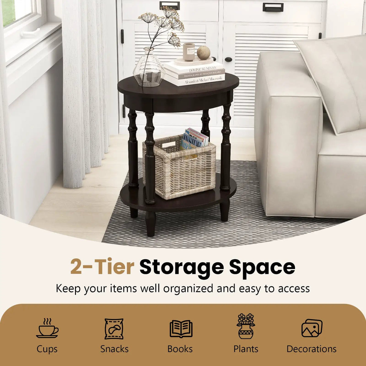 Oval Side Table with Storage Shelf and Wood Legs, photo 7 of 15