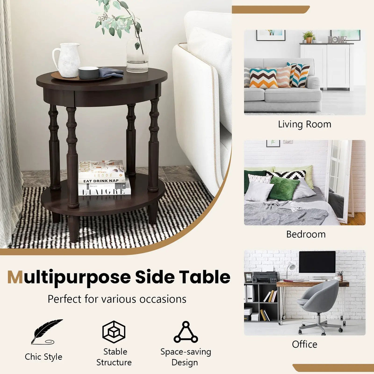 Oval Side Table with Storage Shelf and Wood Legs, photo 8 of 15