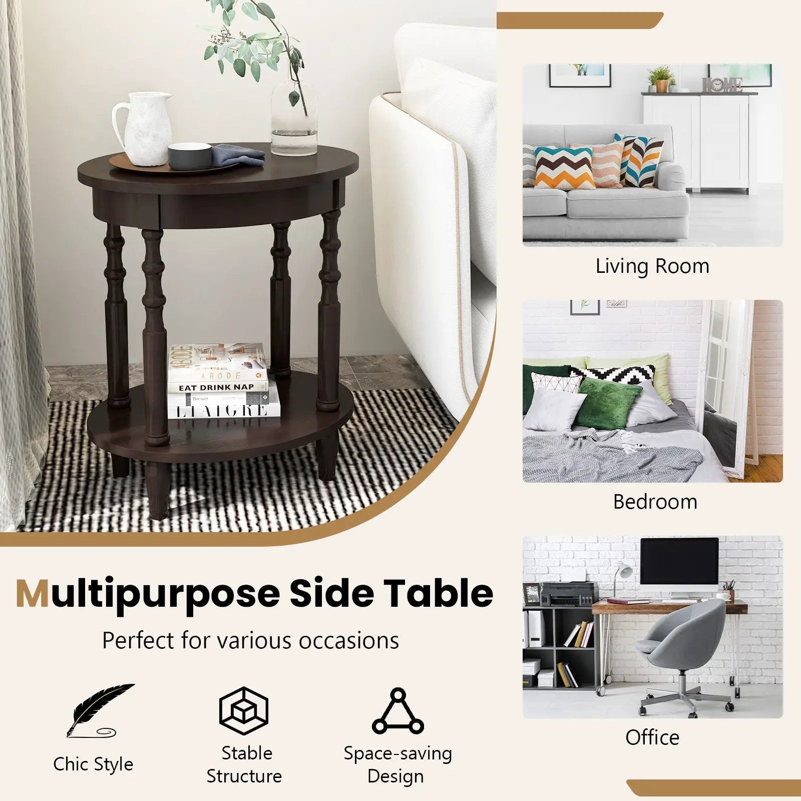 Oval Side Table with Storage Shelf and Wood Legs by DirectDeals