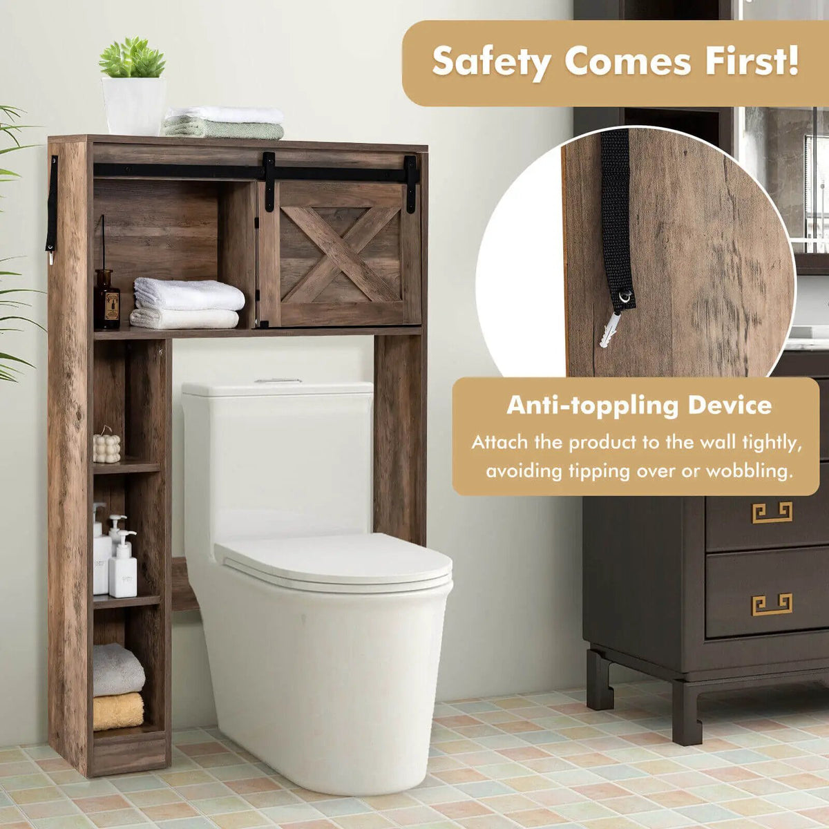 4-Tier Over The Toilet Storage Cabinet with Sliding Barn Door and Storage Shelves, photo 6 of 16