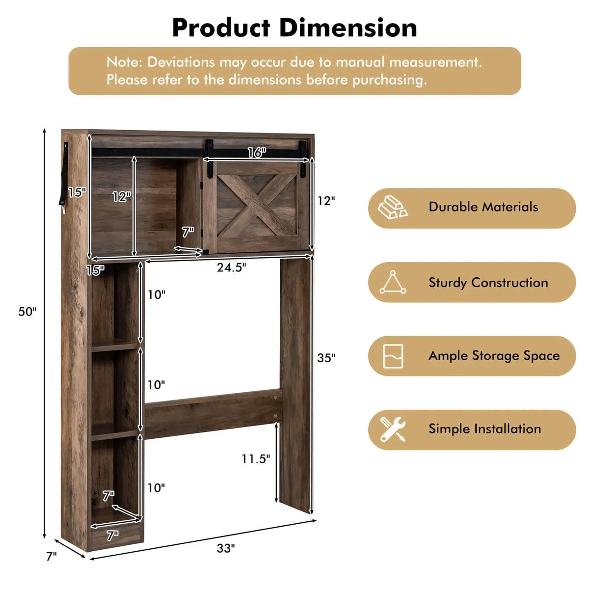 4-Tier Over The Toilet Storage Cabinet with Sliding Barn Door and Storage Shelves, photo 8 of 16