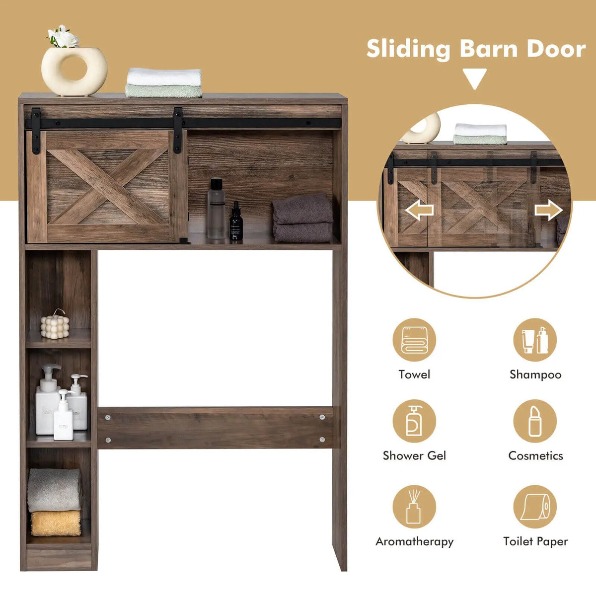 4-Tier Over The Toilet Storage Cabinet with Sliding Barn Door and Storage Shelves, photo 4 of 16