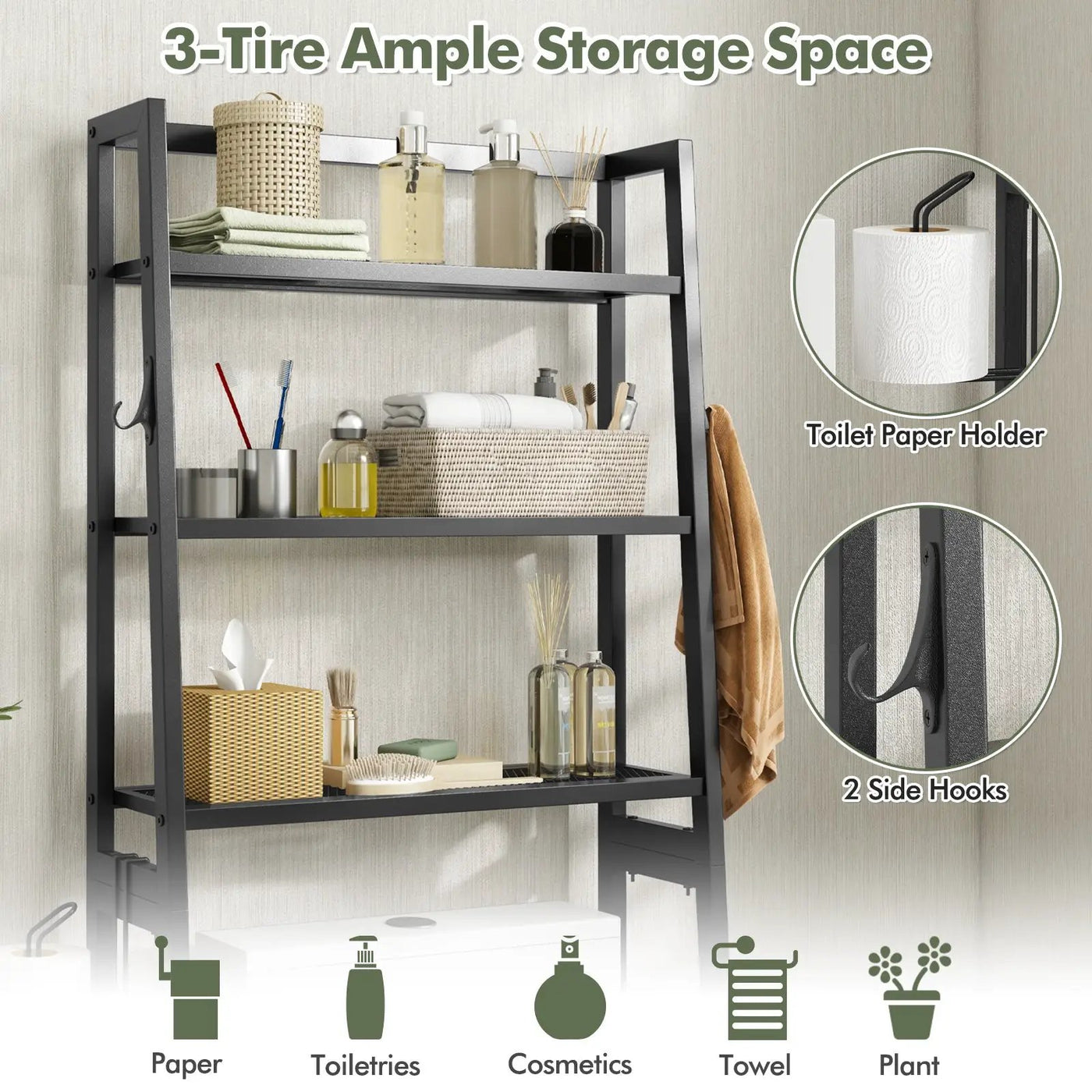 3-Tier Over The Toilet Storage Shelf with Adjustable Bottom Bar by DirectDeals