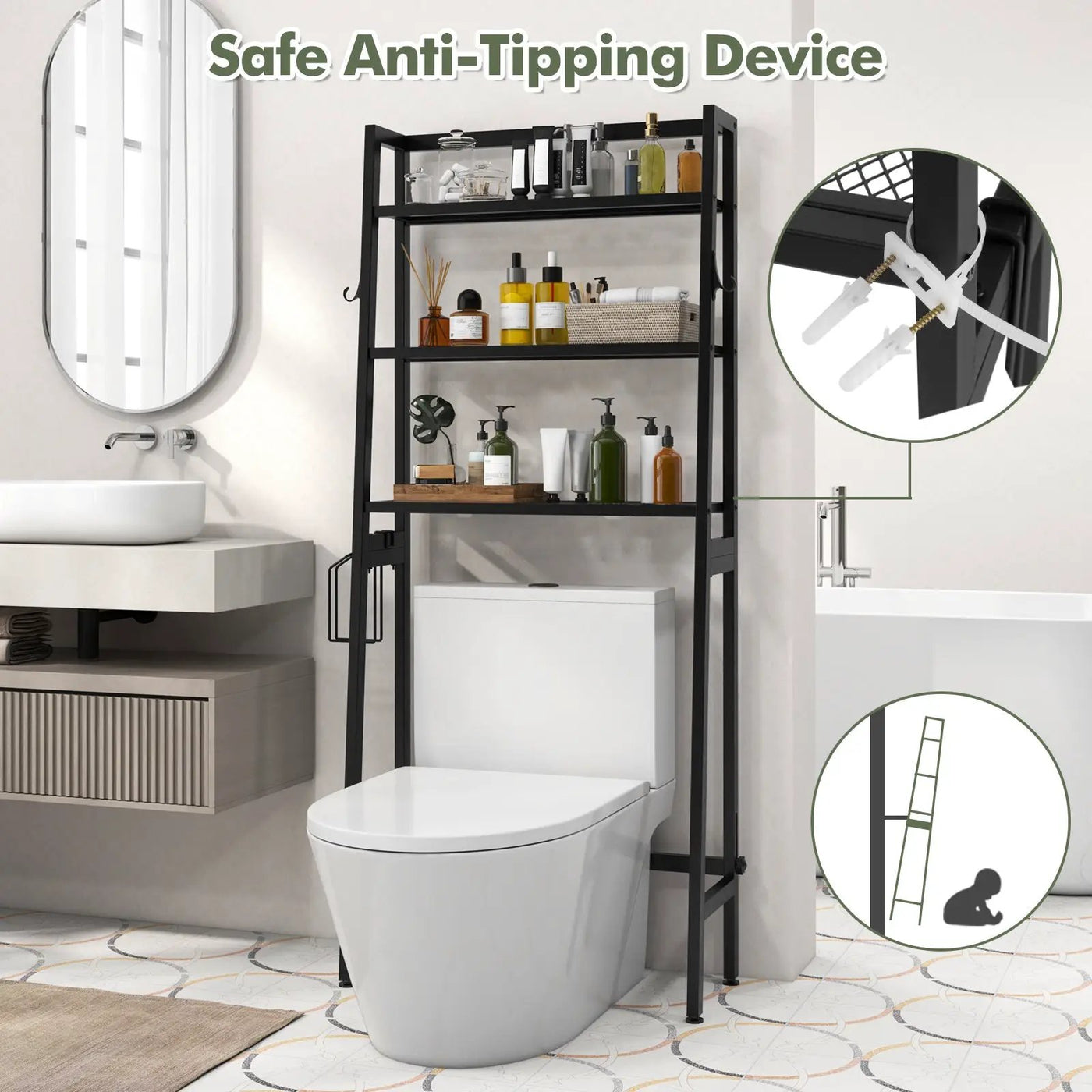 3-Tier Over The Toilet Storage Shelf with Adjustable Bottom Bar by DirectDeals