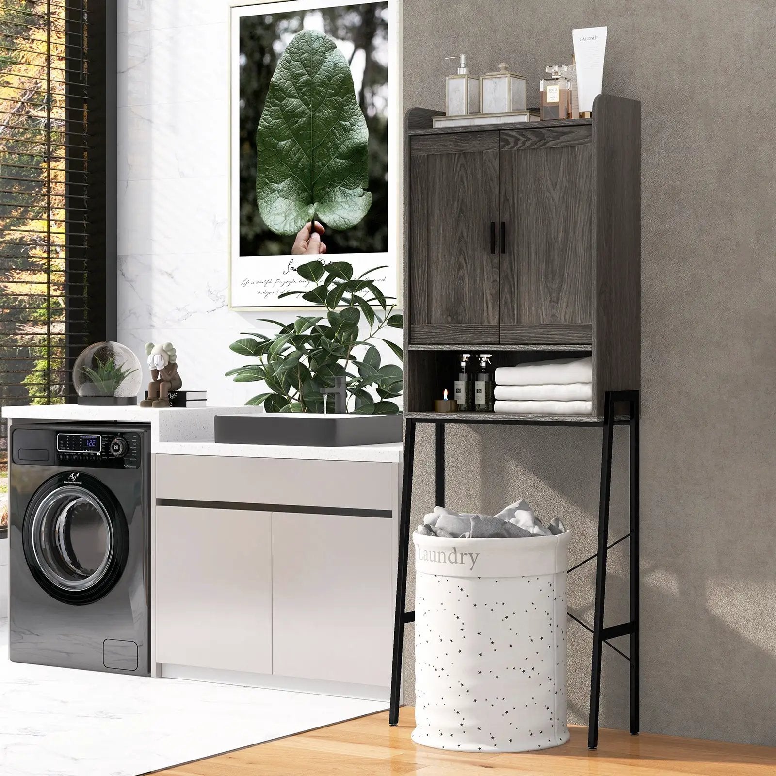 Over the Toilet Storage Cabinet Space Saver Organizer with Double Doors-Gray by DirectDeals