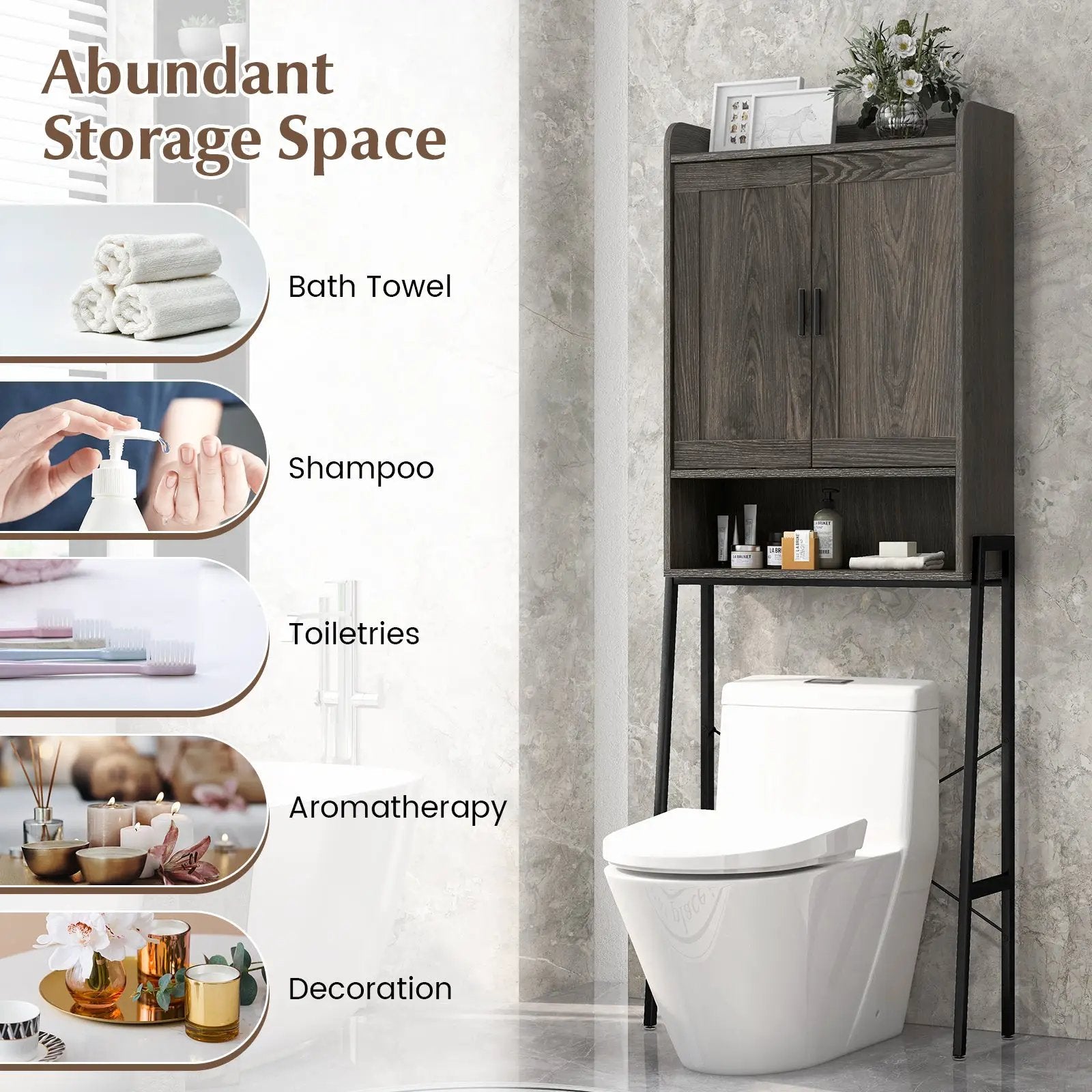 Over the Toilet Storage Cabinet Space Saver Organizer with Double Doors-Gray by DirectDeals