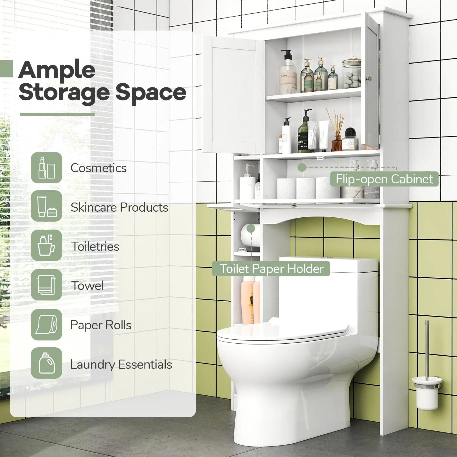 Over the Toilet Storage Cabinet with Adjustable Shelf and Bottom Bar-White by DirectDeals