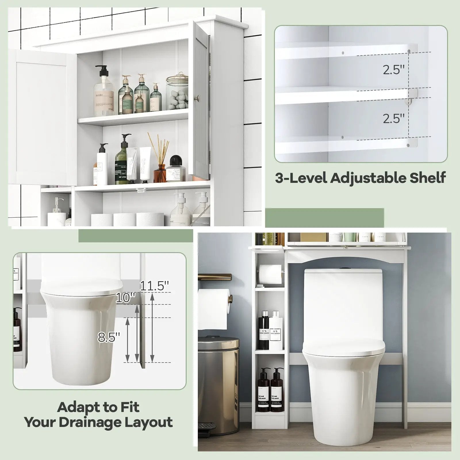Over the Toilet Storage Cabinet with Adjustable Shelf and Bottom Bar-White by DirectDeals