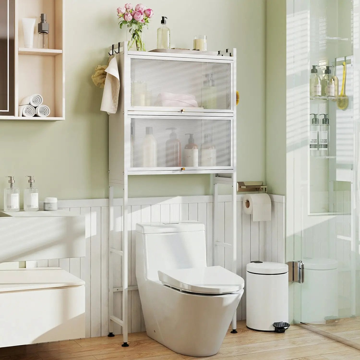 Over-the-toilet Cabinet Bathroom Organizer with 2 Flip-up Cabinets by DirectDeals
