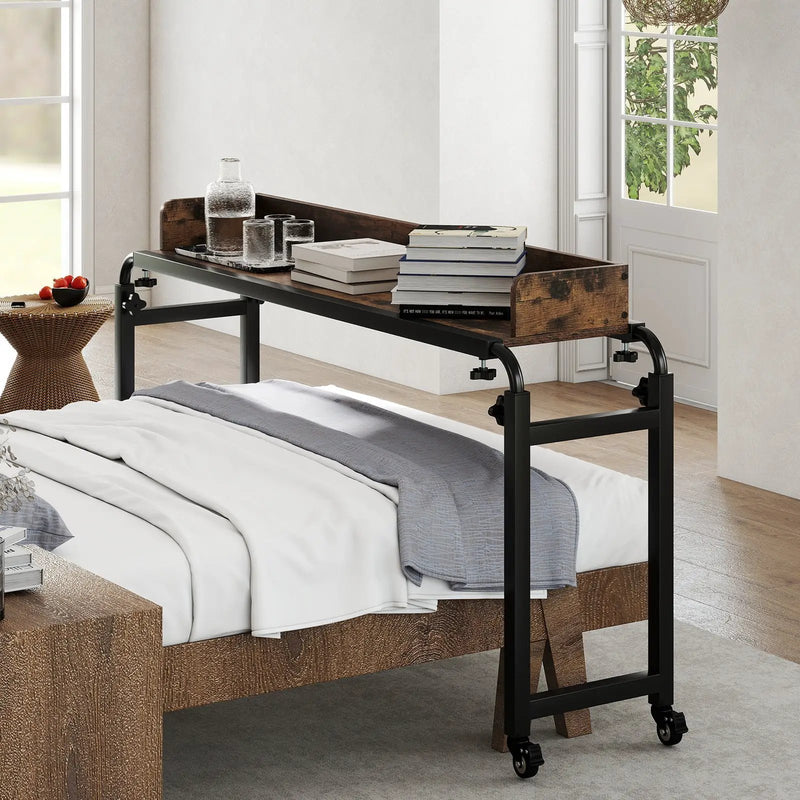 Overbed Desk with Wheels Queen Size Mobile Bed Desk with Adjustable Height-Brown by DirectDeals