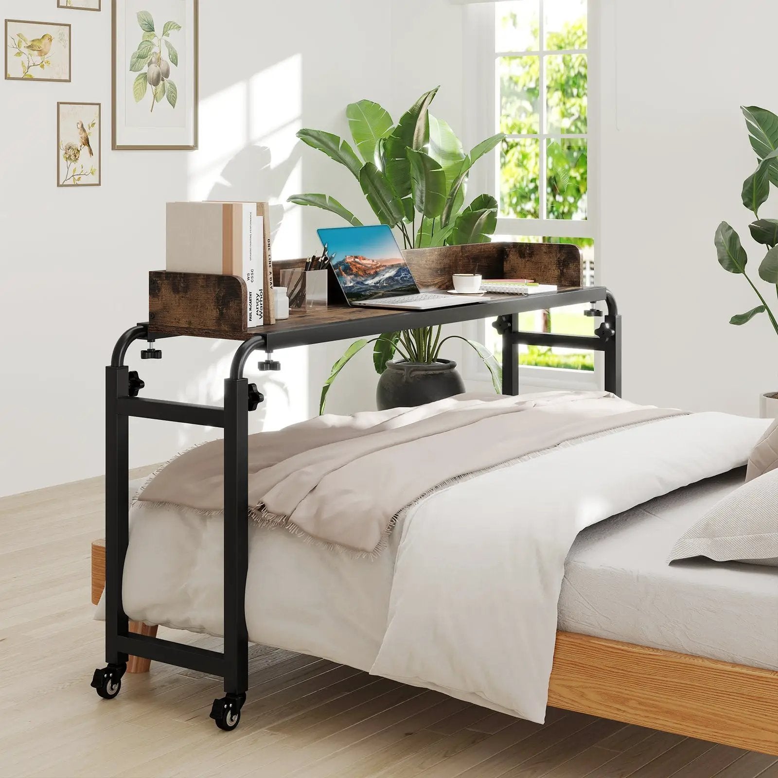 Overbed Desk with Wheels Queen Size Mobile Bed Desk with Adjustable Height-Brown by DirectDeals