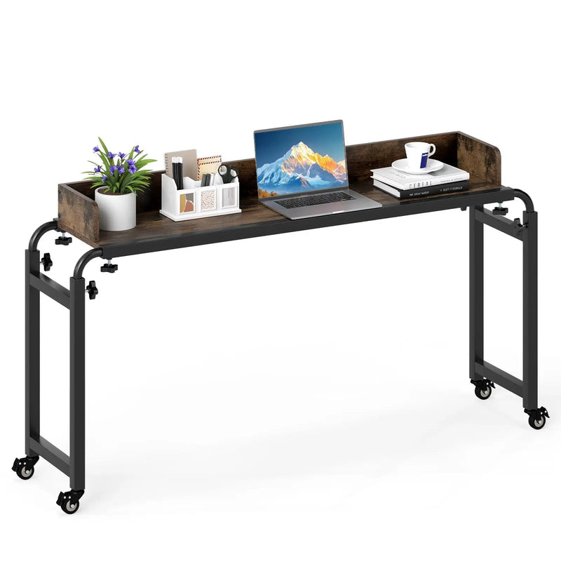 Overbed Desk with Wheels Queen Size Mobile Bed Desk with Adjustable Height-Brown by DirectDeals