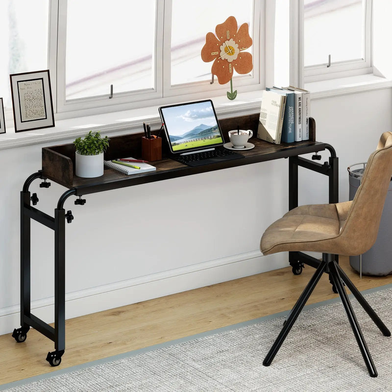 Overbed Desk with Wheels Queen Size Mobile Bed Desk with Adjustable Height-Brown by DirectDeals