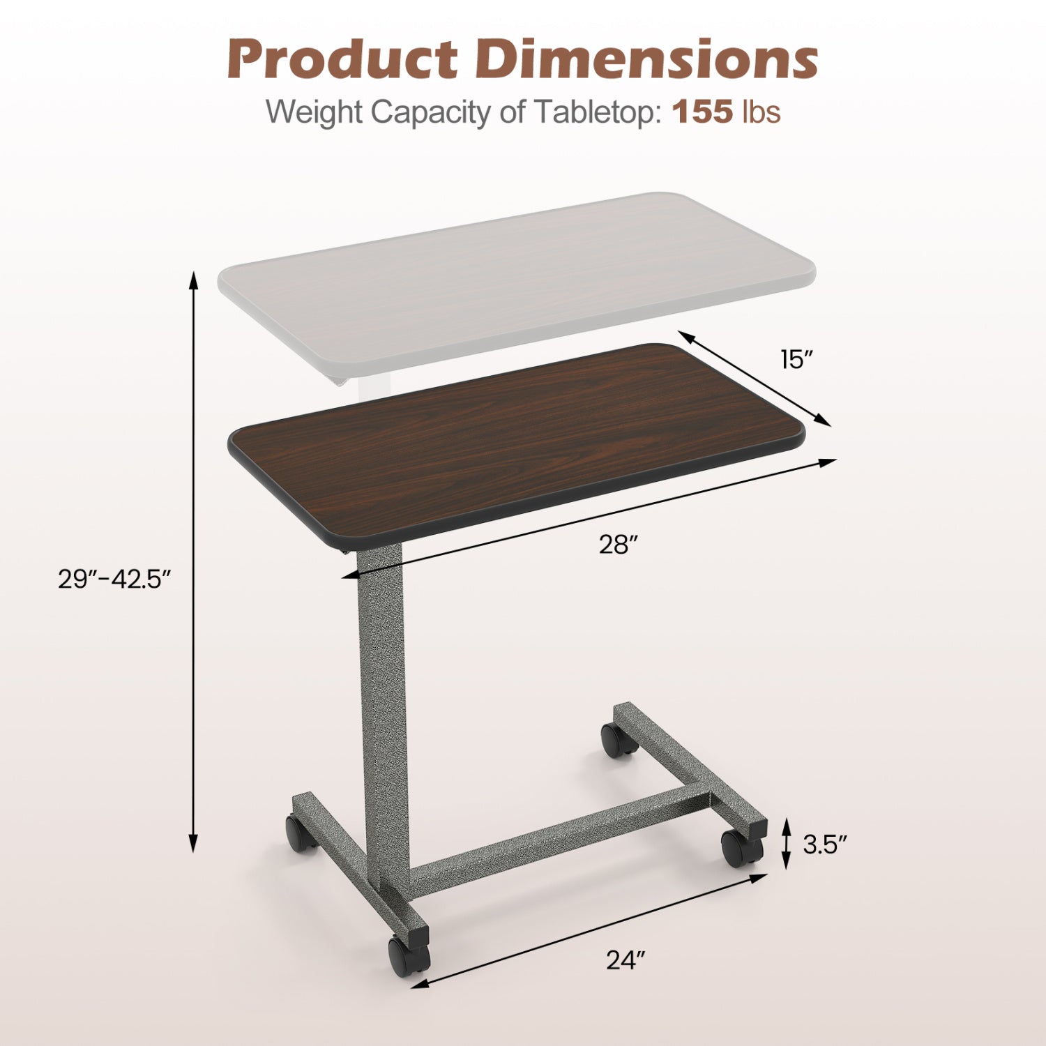 Overbed Table with Lockable Wheels and Adjustable Height by DirectDeals