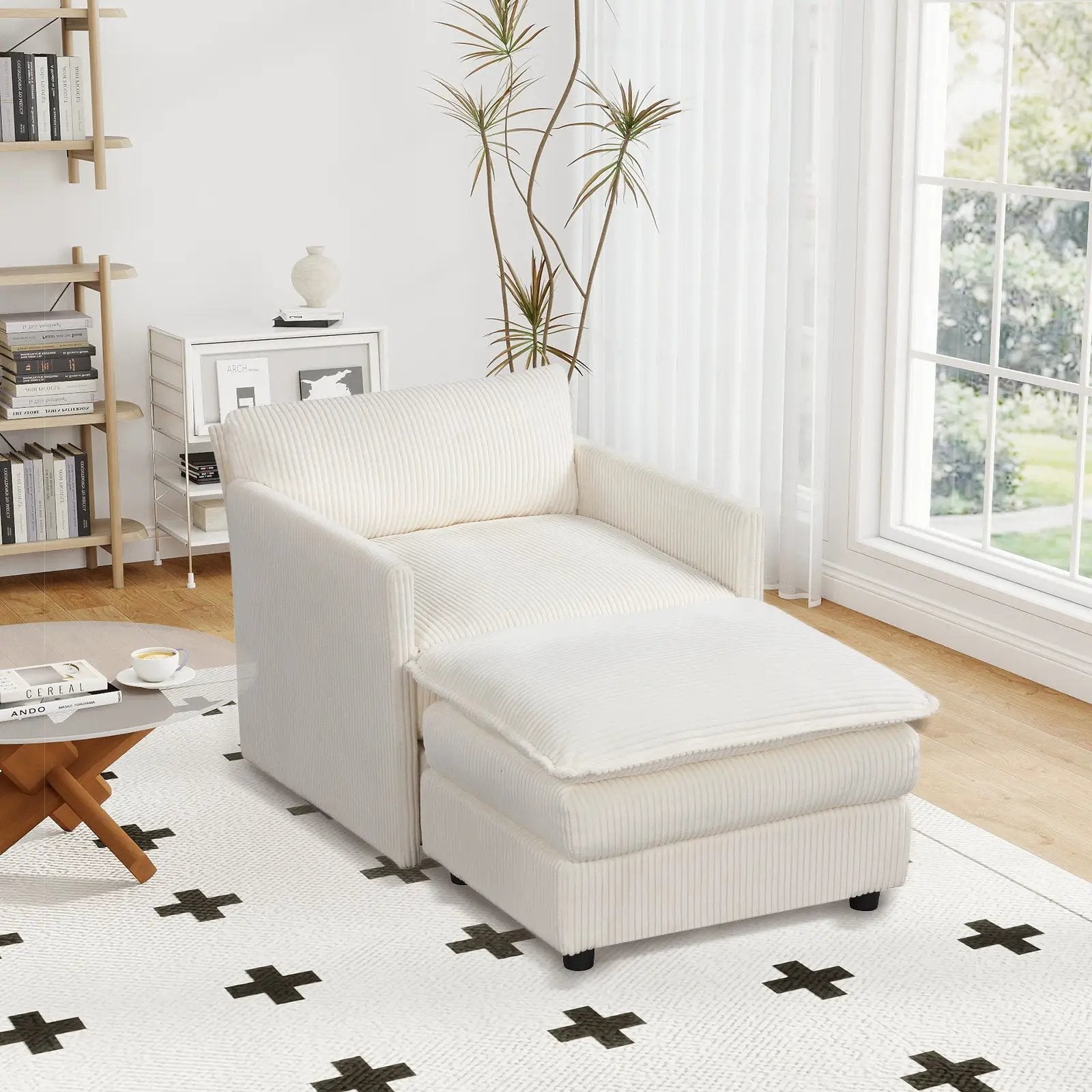 Oversized Accent Chair with Ottoman with Soft Corduroy Cushions-Beige by DirectDeals
