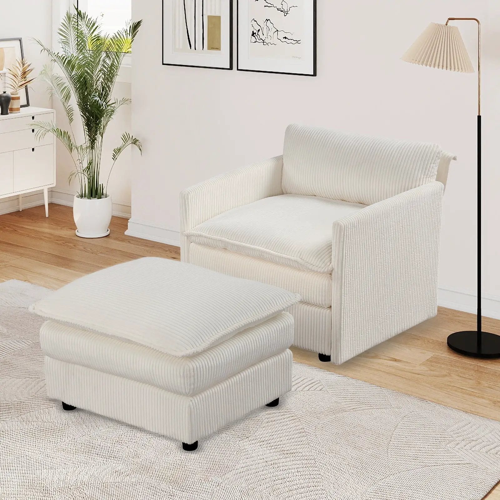 Oversized Accent Chair with Ottoman with Soft Corduroy Cushions-Beige by DirectDeals