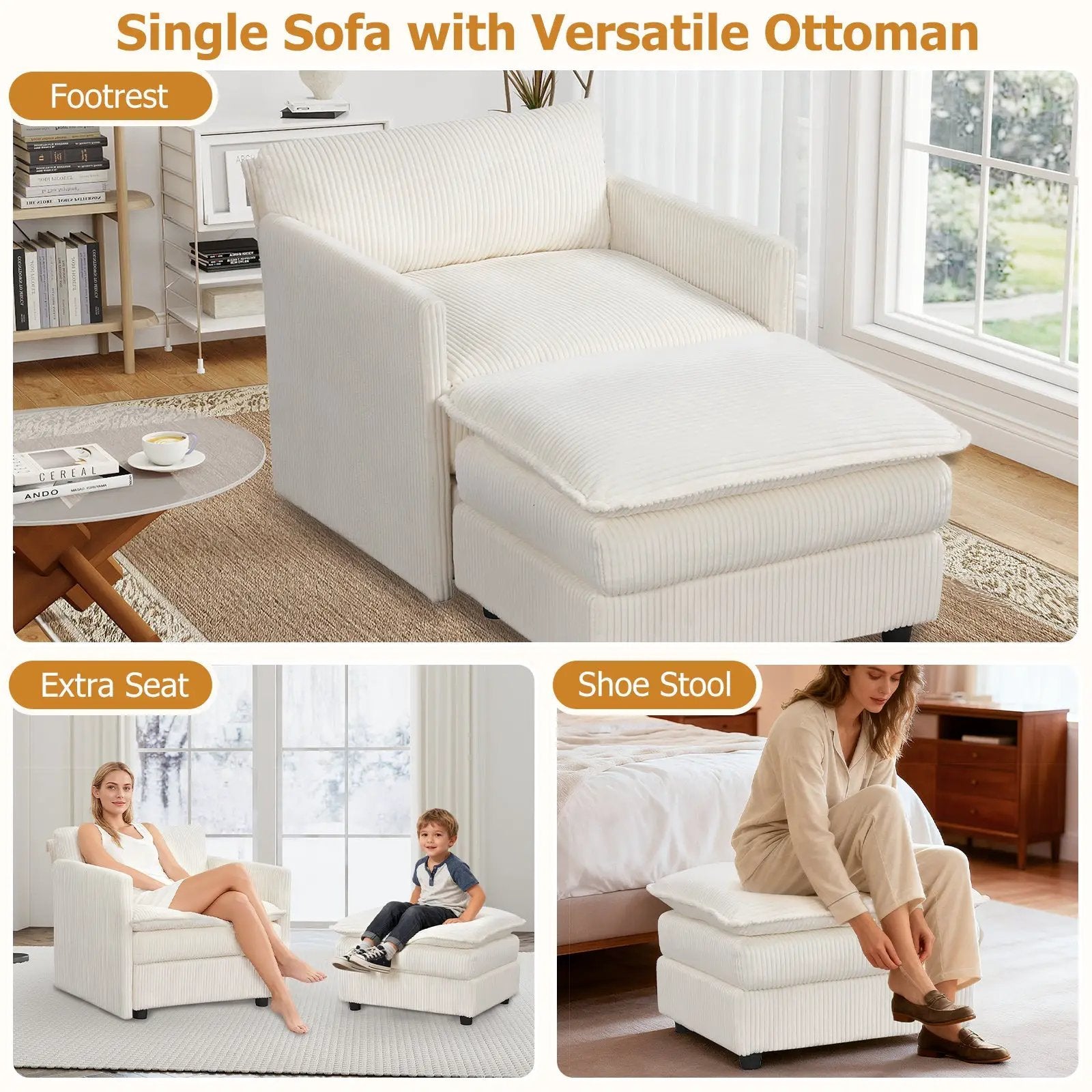 Oversized Accent Chair with Ottoman with Soft Corduroy Cushions-Beige by DirectDeals