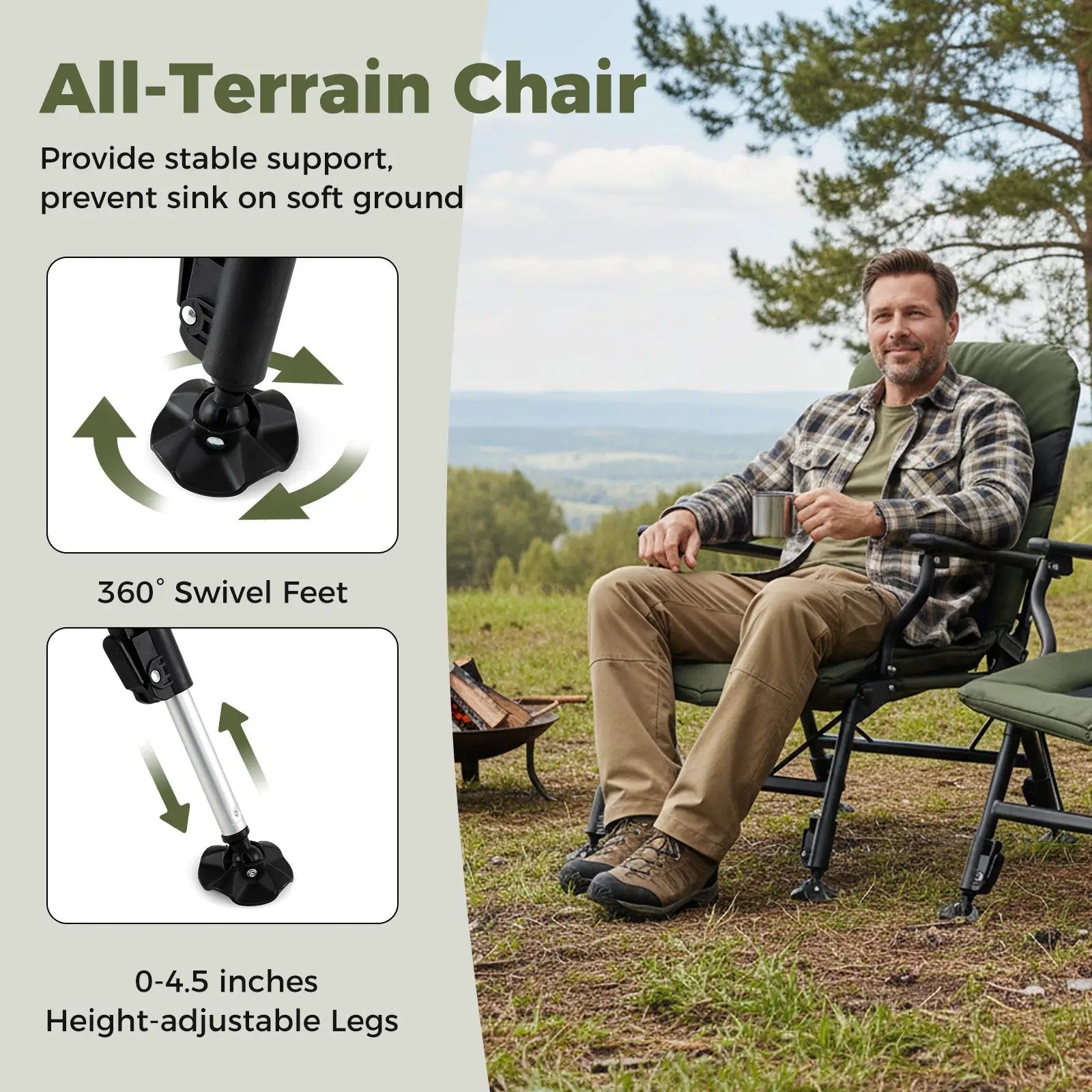 Oversized Foldable Fishing Chair for Adults with Armrest-Green by DirectDeals
