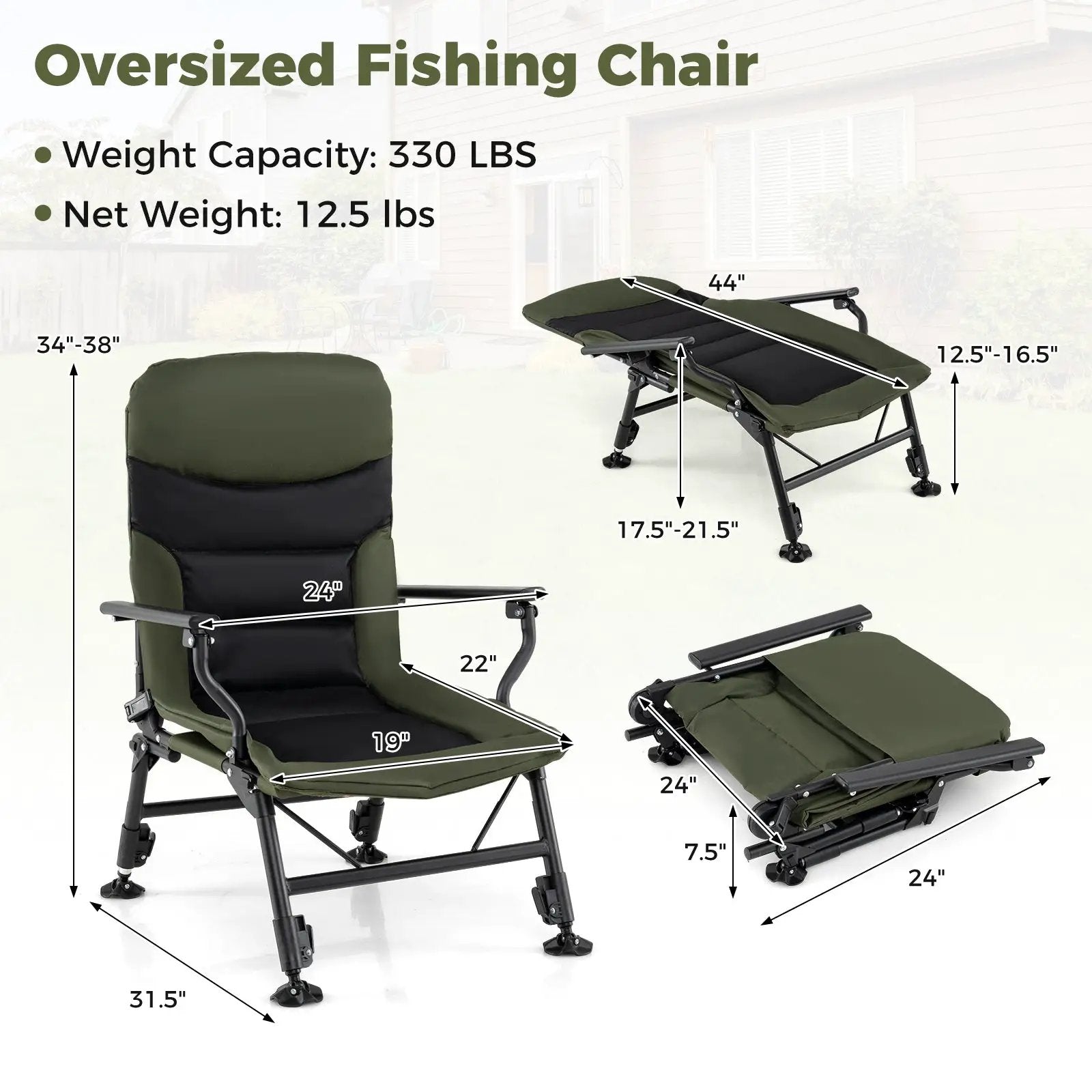 Oversized Foldable Fishing Chair for Adults with Armrest-Green by DirectDeals