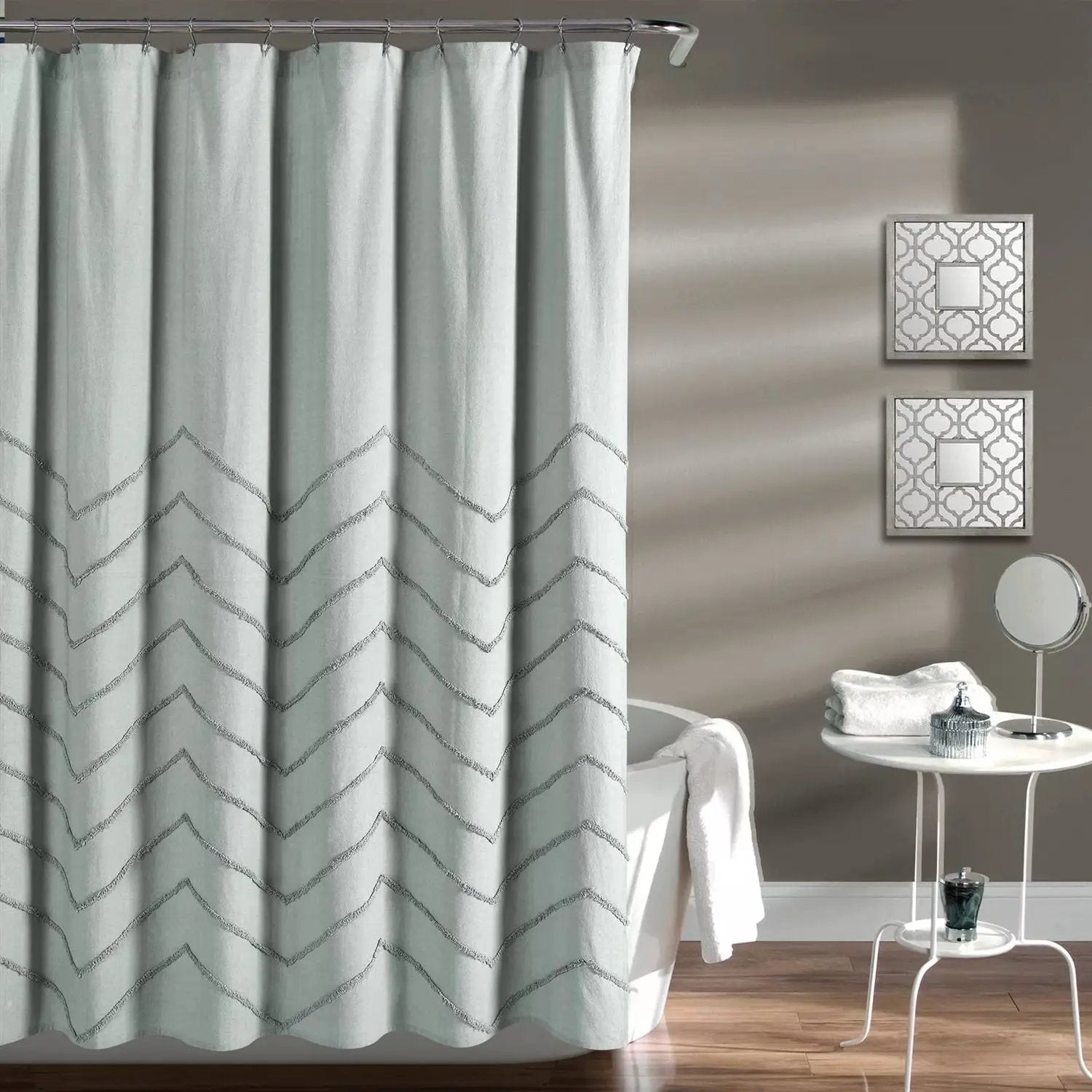 72-inch Pastel Blue Chenille Cotton Shower Curtain with Chevron Pattern by HomePacific