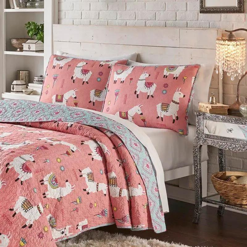 Twin/Twin XL Pink Blue Reversible Floral Llama Cotton Quilt Set by HomePacific