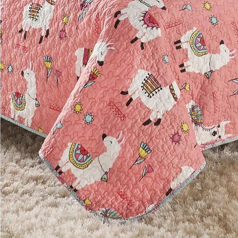 Full/Queen Pink Blue Reversible Floral Llama 100-Percent Cotton Quilt Set by HomePacific
