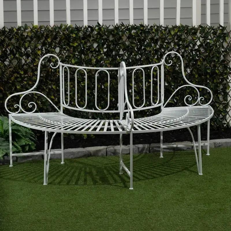 Half-Circle White Metal Outdoor Patio Garden Tree Bench by HomePacific