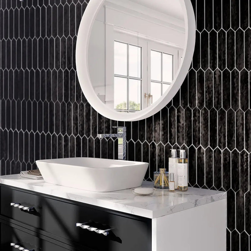 Black 2x10 Glossy Picket Ceramic Tile (23 pack, 2.37 sq ft/case) by Apollo Tile
