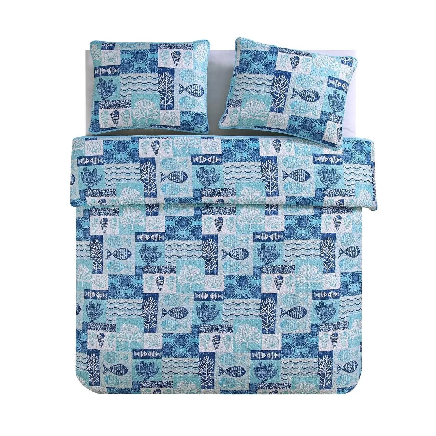 Full/Queen Aqua Blue Cream Beach Sea Shells Coral Fish Coastal 3-Piece Quilt Set by HomePacific