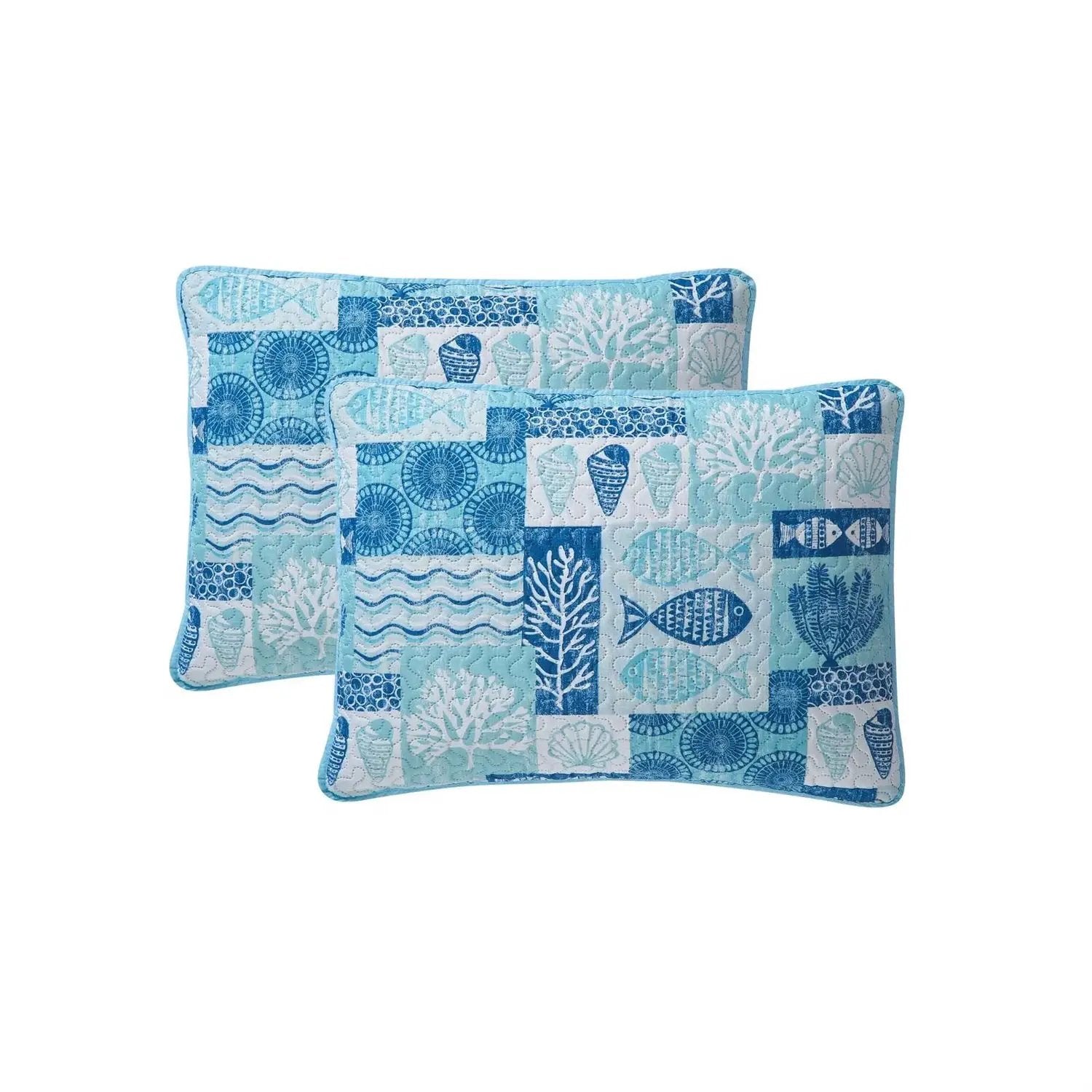 Full/Queen Aqua Blue Cream Beach Sea Shells Coral Fish Coastal 3-Piece Quilt Set by HomePacific