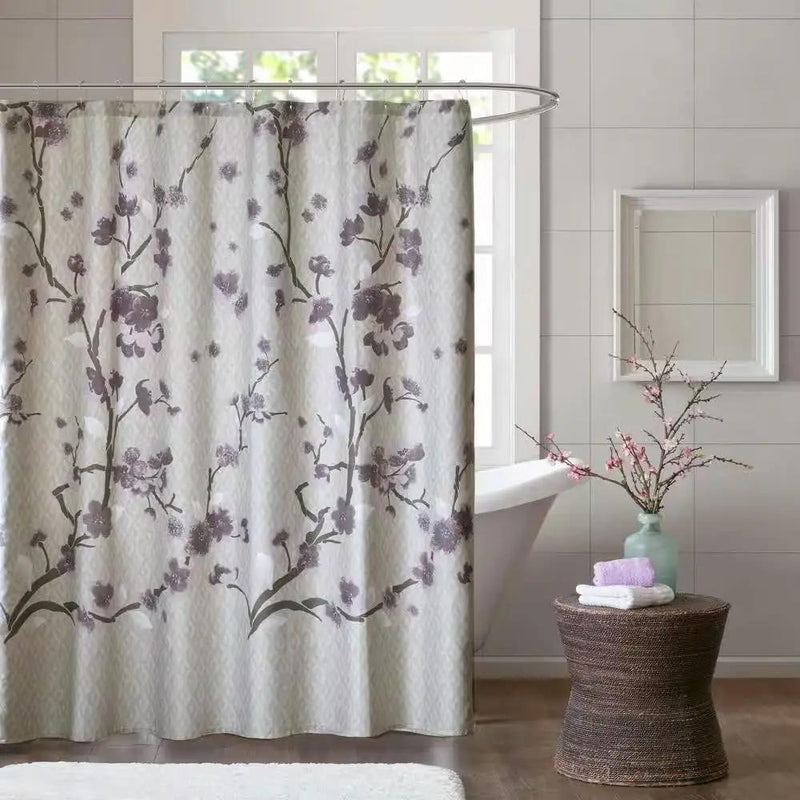 72 x 72 in Cotton Shower Curtain with Purple Grey Beige Floral Blossom Pattern by HomePacific