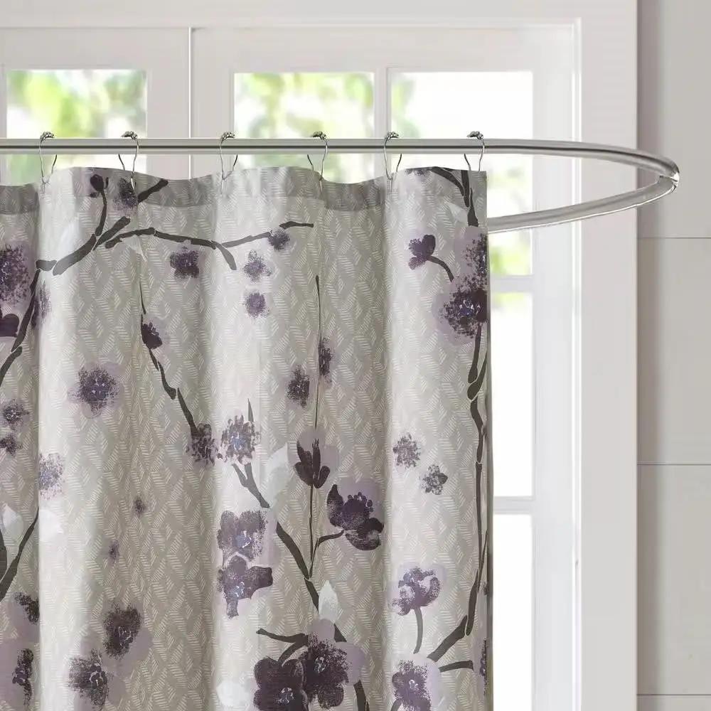 72 x 72 in Cotton Shower Curtain with Purple Grey Beige Floral Blossom Pattern by HomePacific
