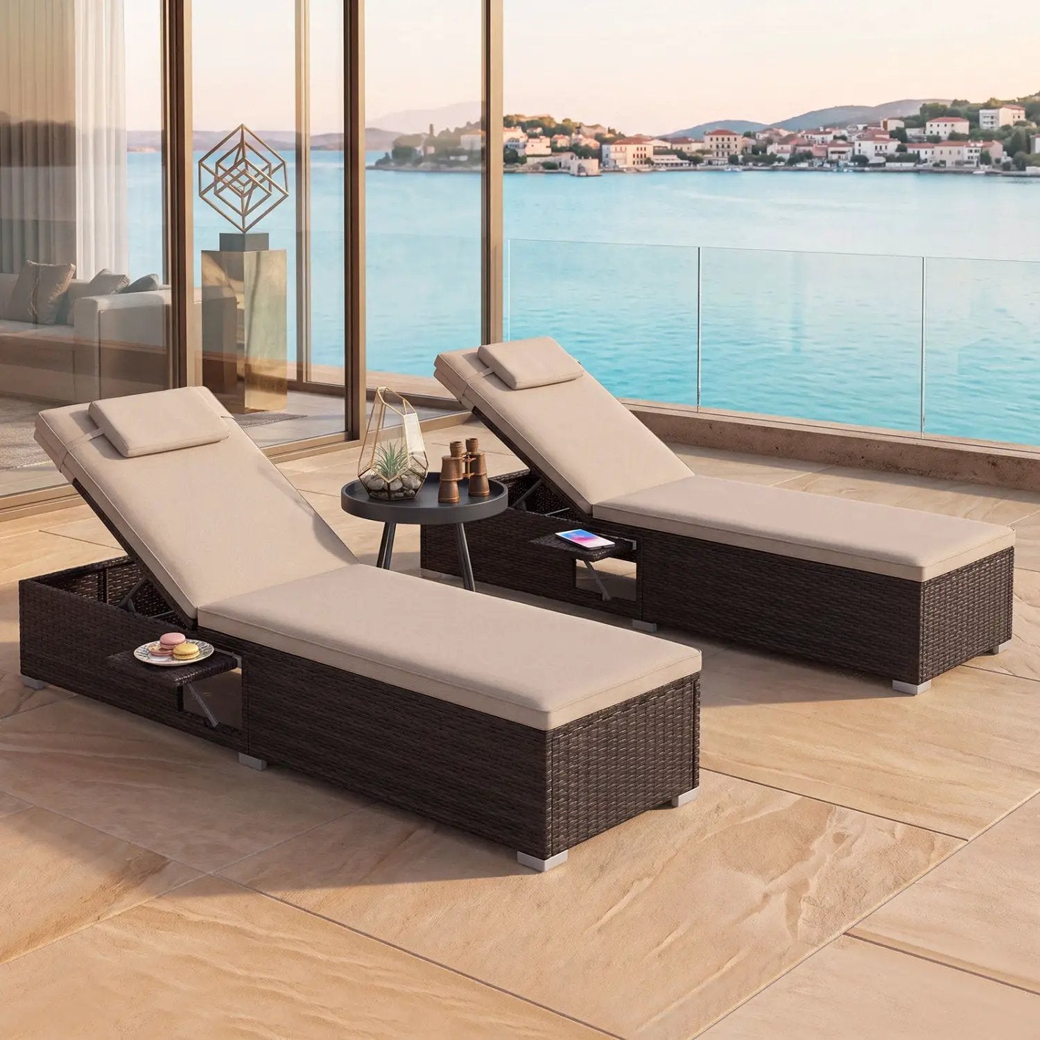 PE Rattan Chaise Lounge Set of 2 with 6-Position Adjustable Backrest and Foldable Side Table by DirectDeals
