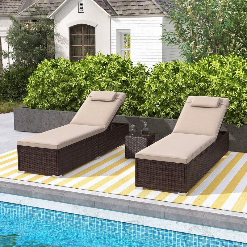 PE Rattan Chaise Lounge Set of 2 with 6-Position Adjustable Backrest and Foldable Side Table by DirectDeals