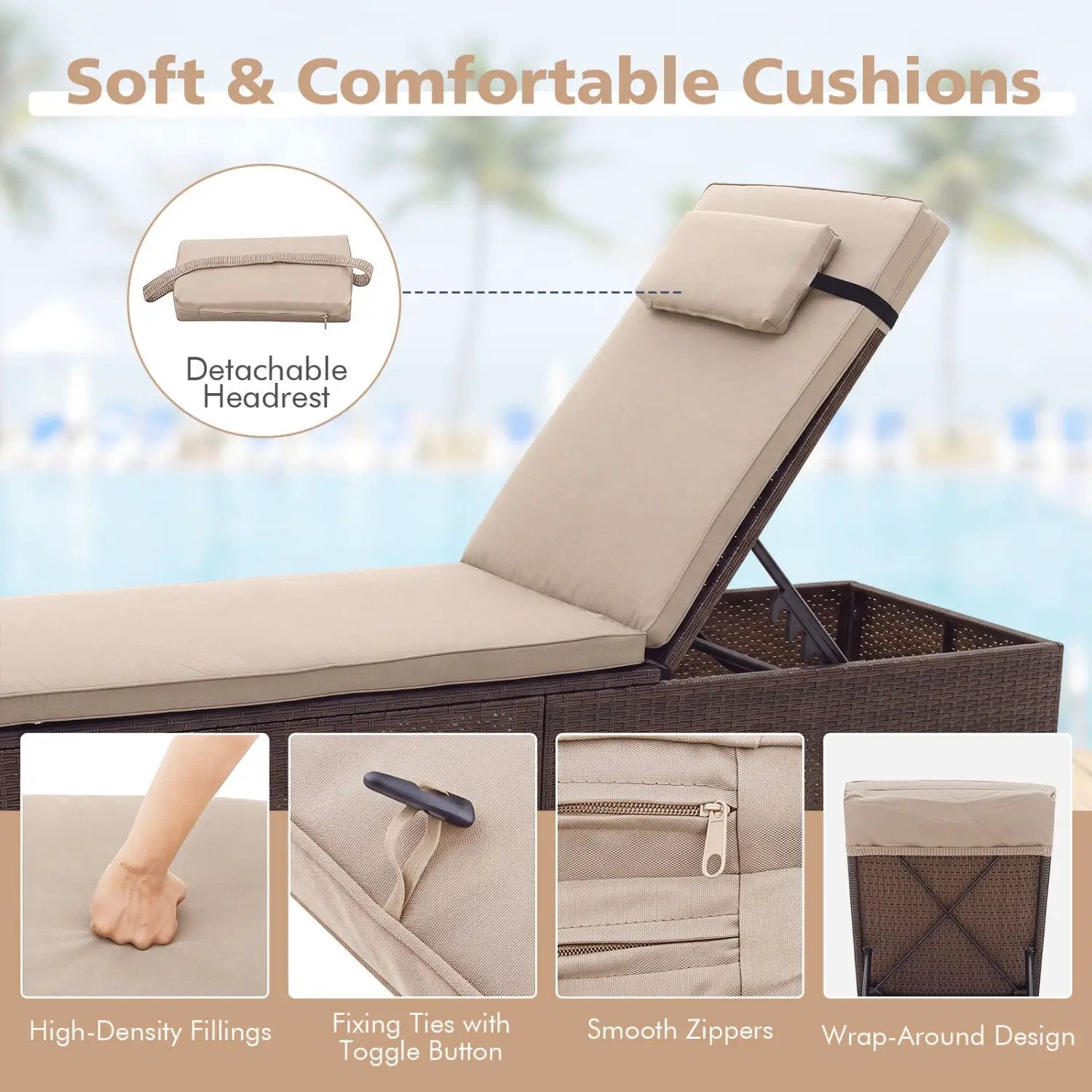 PE Rattan Chaise Lounge Set of 2 with 6-Position Adjustable Backrest and Foldable Side Table by DirectDeals