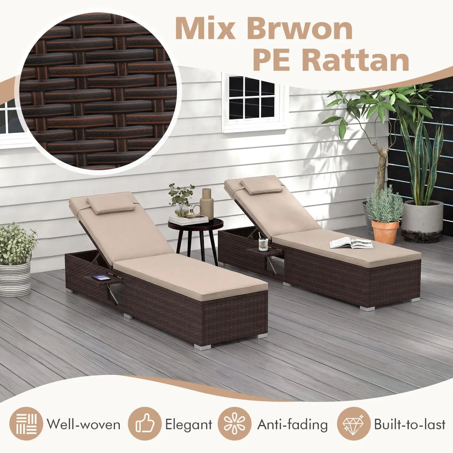 PE Rattan Chaise Lounge Set of 2 with 6-Position Adjustable Backrest and Foldable Side Table by DirectDeals