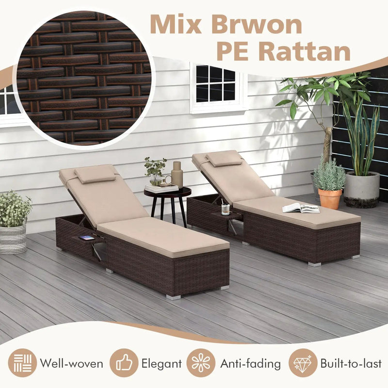 PE Rattan Chaise Lounge Set of 2 with 6-Position Adjustable Backrest and Foldable Side Table by DirectDeals