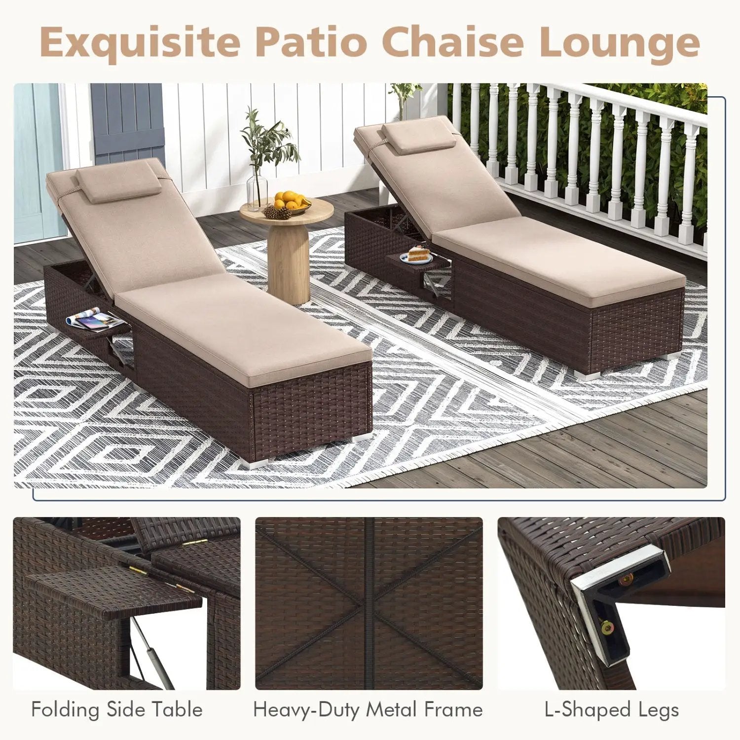 PE Rattan Chaise Lounge Set of 2 with 6-Position Adjustable Backrest and Foldable Side Table by DirectDeals
