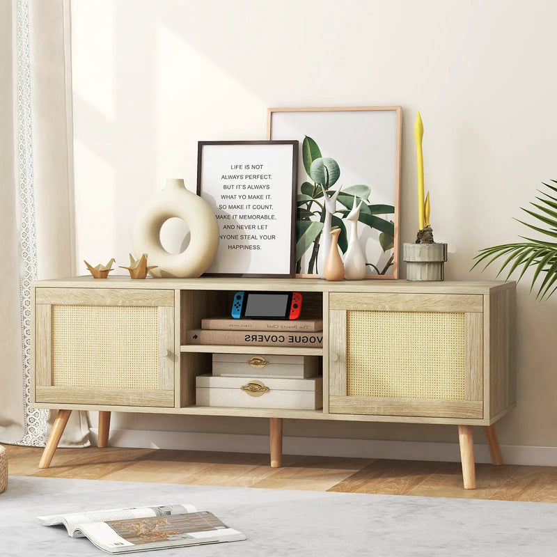 PE Rattan Media Console Table with 2 Cabinets and Open Shelves by DirectDeals