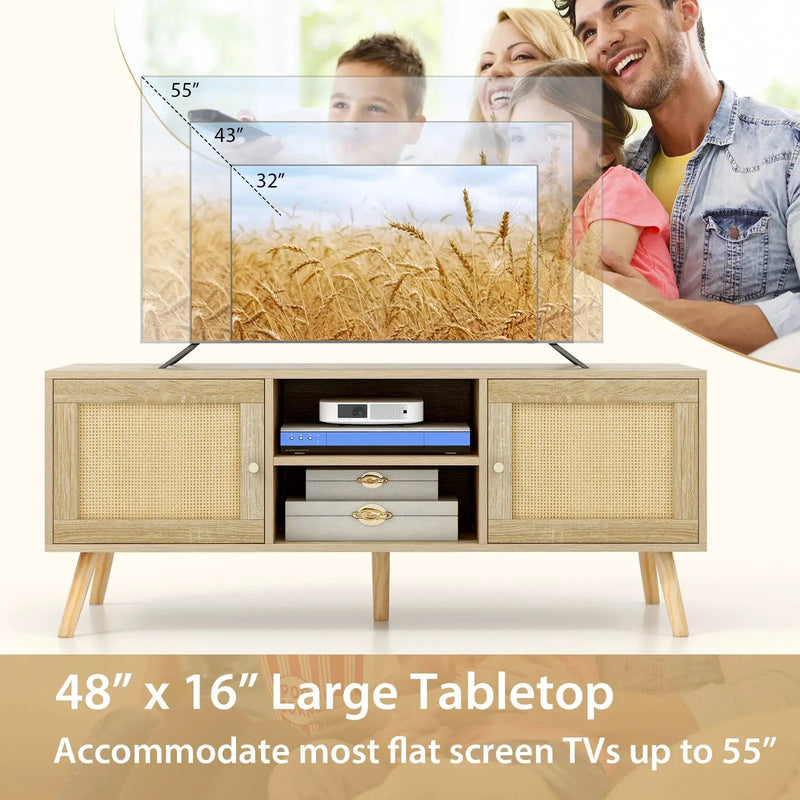 PE Rattan Media Console Table with 2 Cabinets and Open Shelves by DirectDeals