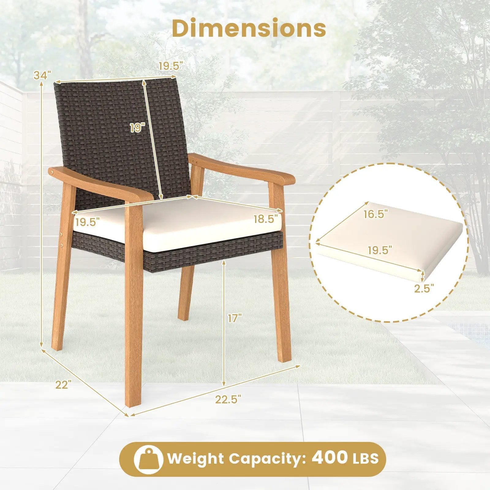 PE Rattan Outdoor Patio Dining Chair Set of 2 with Removable Cushion and Acacia Wood Armrests-White by DirectDeals