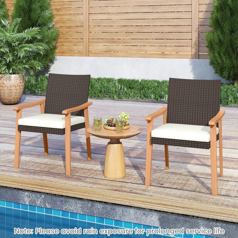 PE Rattan Outdoor Patio Dining Chair Set of 2 with Removable Cushion and Acacia Wood Armrests-White by DirectDeals