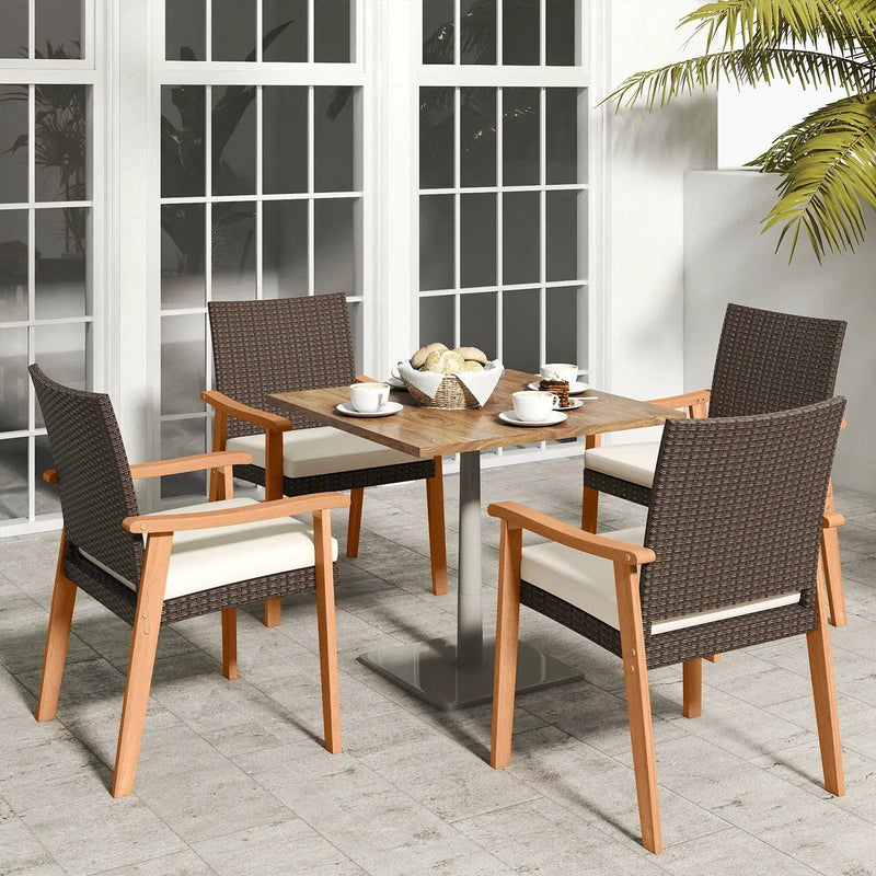 PE Rattan Outdoor Patio Dining Chair Set of 2 with Removable Cushion and Acacia Wood Armrests-White by DirectDeals