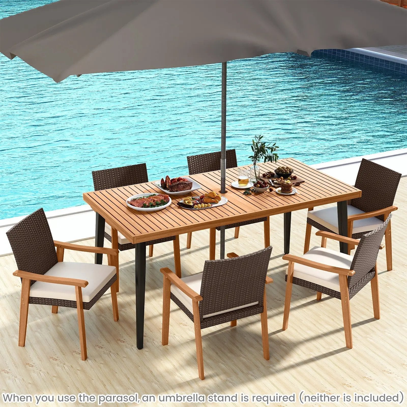PE Rattan Outdoor Patio Dining Chair Set of 2 with Removable Cushion and Acacia Wood Armrests-White by DirectDeals