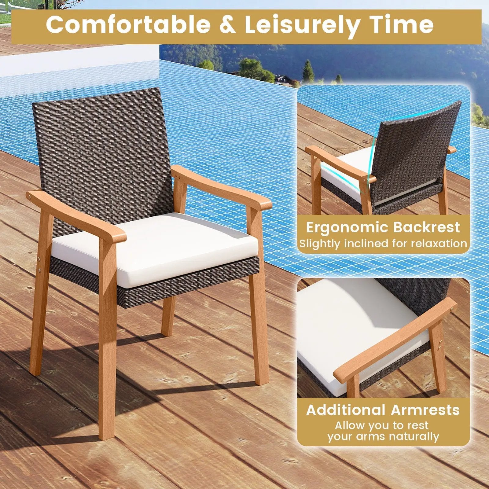 PE Rattan Outdoor Patio Dining Chair Set of 2 with Removable Cushion and Acacia Wood Armrests-White by DirectDeals
