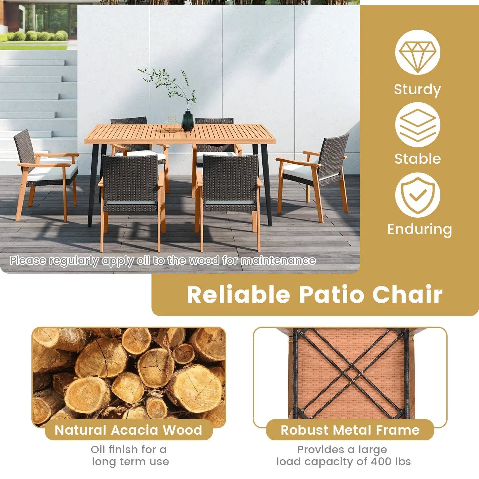 PE Rattan Outdoor Patio Dining Chair Set of 2 with Removable Cushion and Acacia Wood Armrests-White by DirectDeals