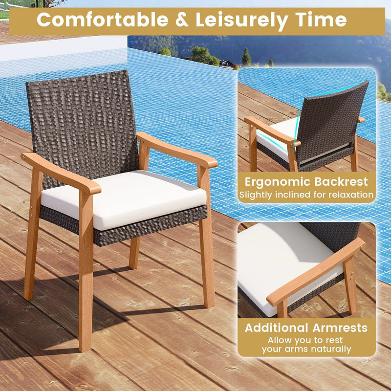 PE Rattan Outdoor Patio Dining Chair Set of 4 with Removable Cushion and Acacia Wood Armrests-White by DirectDeals